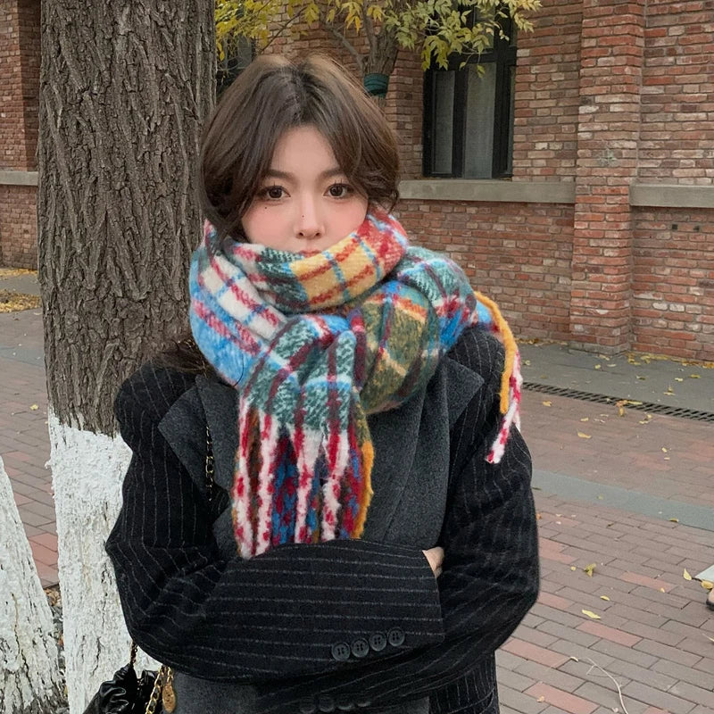 Dospita New Winter Plaid Scarf Women Men Rainbow Colorful Hijab Pashmina Korean Version Warm Tassle Shawl Wraps Bufandas