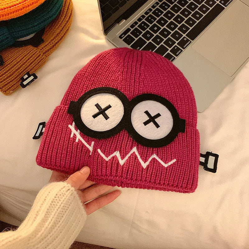 Dospita  -  Kpop Cute Cartoon Cuff Beanie Cap Women's Candy Color Big Eyes Smile Skullies Hat Fashion Streetwear Student Warm Winter Knitted