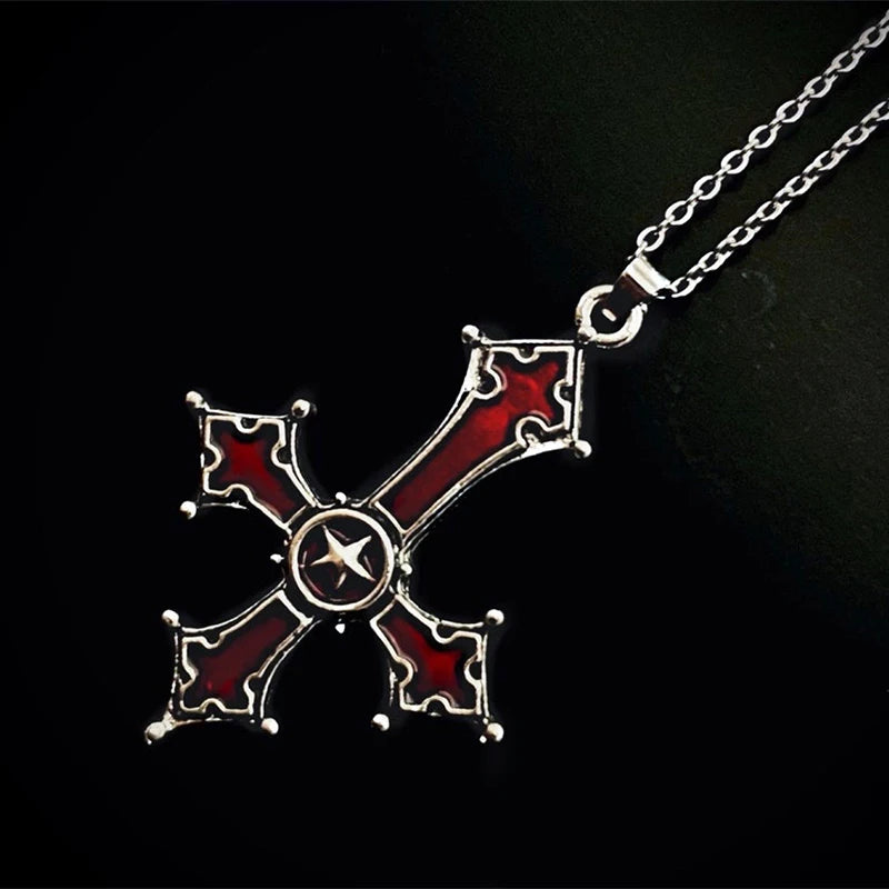 Dospita Gothic Inverted Cross Pendant Unisex Punk Necklace Vintage Blood Red Choker Jewelry Halloween Witch Accessories