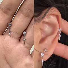 Dospita  -  Fashion Silver Color Zircon Stud Earrings for Women Shiny Cross Pendant Hoop Earring Hip Hop Ear Studs Jewelry Accessories