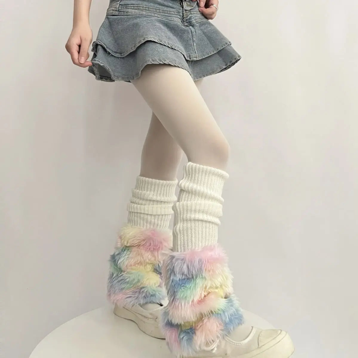 Dospita Cute Colorful Rainbow Leg Warmer Plush Imitation Fur Japanese Women Knitted Over Knee Tube  Winter Warm Long Leg Cover Socks