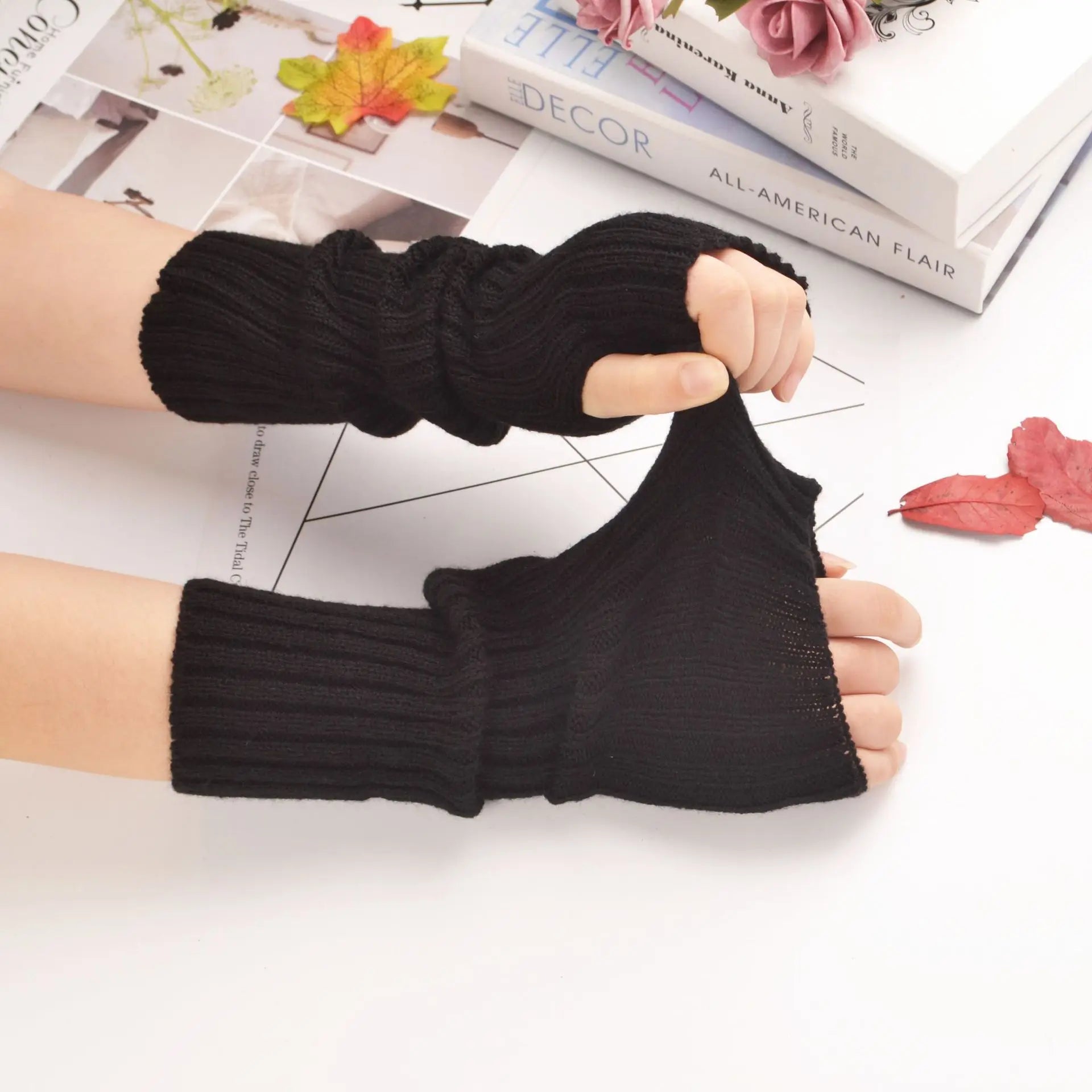 Dospita Long Fingerless Gloves Women‘s Mitten Winter Arm Warmer Knitted Arm Sleeve Fine Casual Soft Girls Goth Clothes Punk Gothic Glove