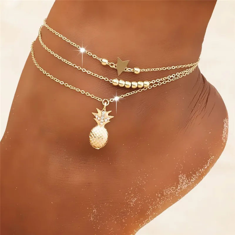 Dospita Bohemia Silver Color Chain Ankle Bracelet On Leg Foot Jewelry Boho Pineapple Star Charm Anklet Set For Women Accessories