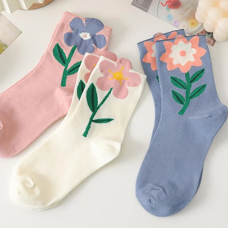 Dospita 1 Pair Women Cotton Socks Tulip Flowers Sweet Socks For Girl Famale Cute Dress Socks Spring Summer Harajuku Casual Mid Tube Sock