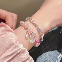 Dospita Pink Beaded Bracelet Cute Simple All-Match Bracelet Bilayer Sweet Colorful Glass Crystal Acrylic for Women Y2K Jewelry Gifts