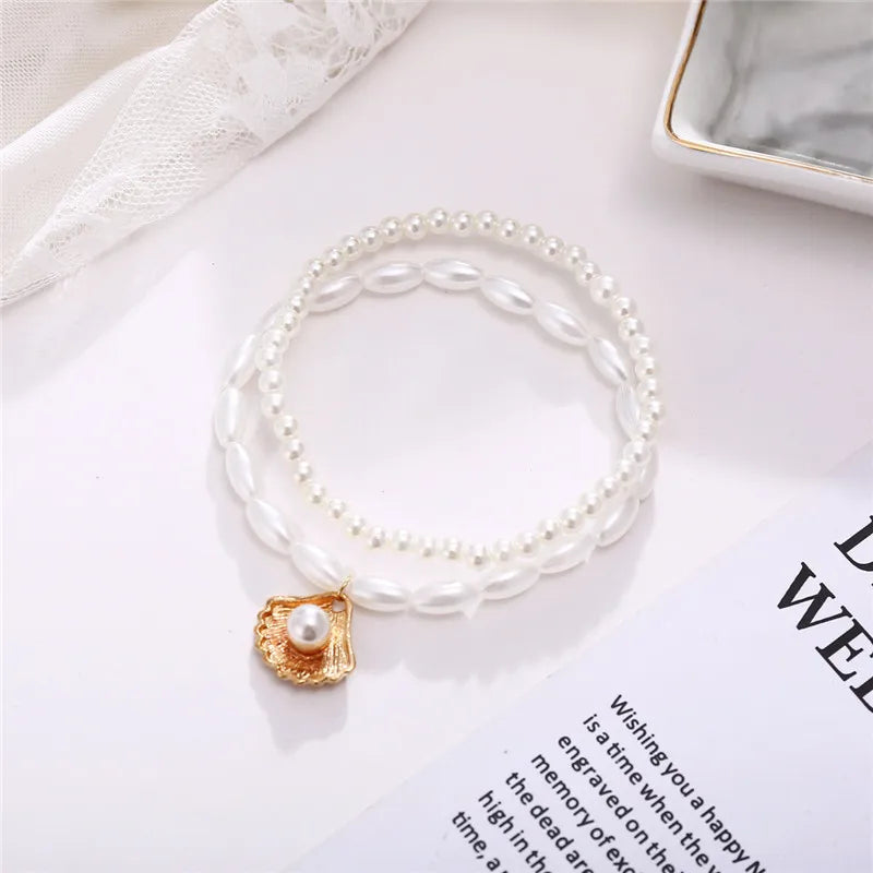 Dospita New Fashion Bohemian Simulated Pearl Chain Wedding Anklet Bracelet for Women Gold Color Shell Pendant Anklet Jewelry Gift