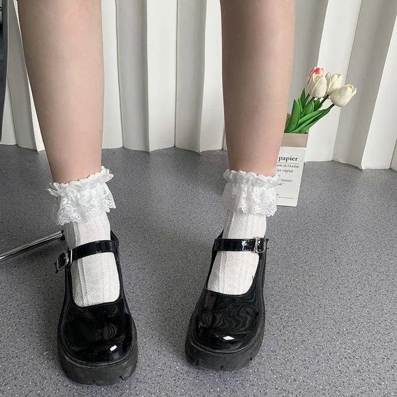 Dospita 5 Pairs Lolita Socks White Bow Lace Socks Middle Tube Japanese College Style Princess Socks Sweet JK Streetwear Hosiery