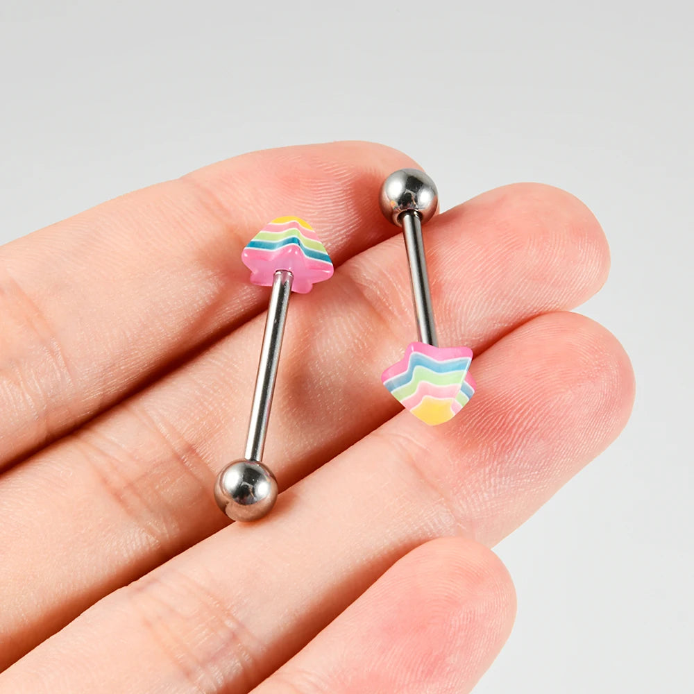 Dospita 1pcs Rainbow Pyramid Conical Star Tongue Rings Stainless Steel Multicolor Tongue Studs Barbell Piercing Body Jewelry 14G