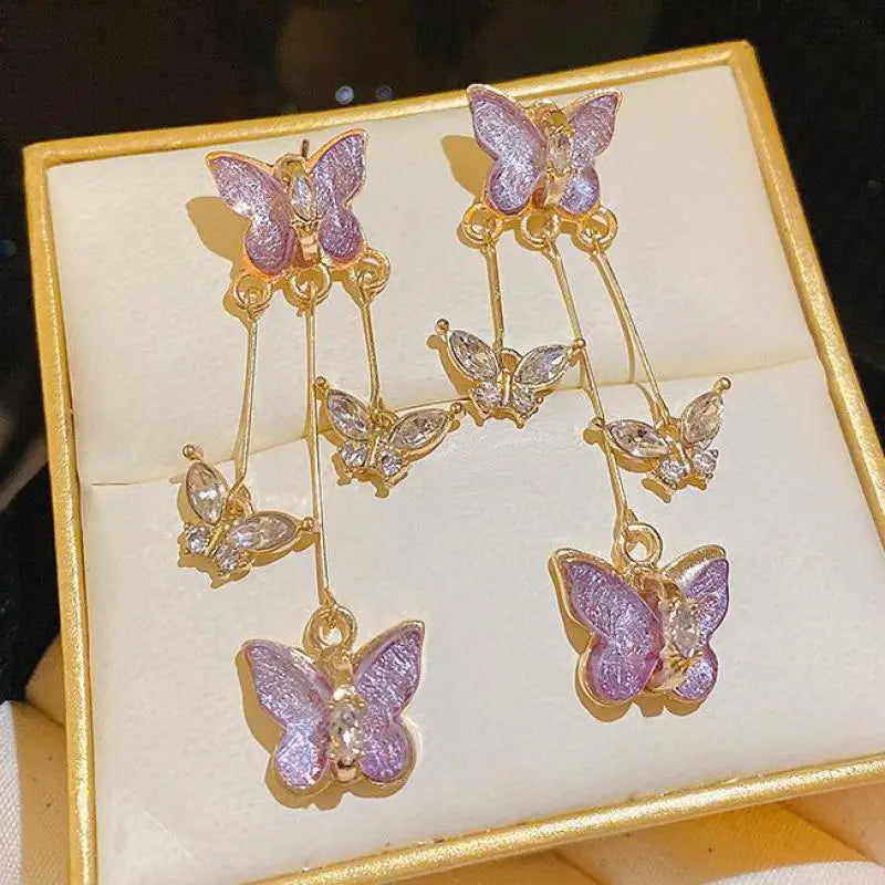 Dospita  -   Needle Purple Butterfly Long Tassel Earrings For Women Jewelry Trending Korean Fashion Luxury Crystal Earrings