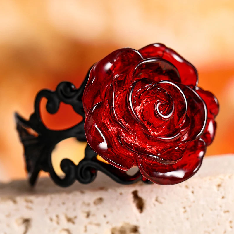 Dospita Vintage Gothic Red Rose Ring Adjustable Hollow Rings for Women Witch Pagan Punk Creative Halloween Cool Girl Gift Party Jewelry