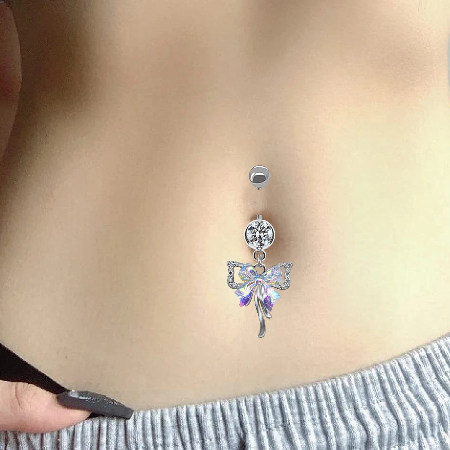 Dospita Crystal Barbell Double Layer Bow Dangle Navel Belly Piercings Jewelry Dangle Bowknot Navel Ring Rhinestone Body Piercing Jewelry