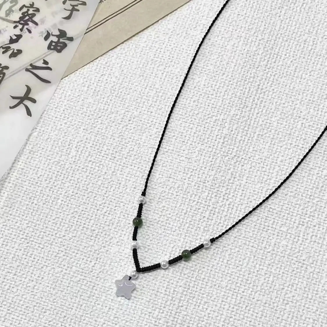 Dospita  -  Peace Buckle Pendant Necklace Hollow Jade Charms Necklace Chinese Style Clavicle Chain Leather Rope Sweater Necklace