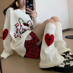 Dospita Knit Socks Leg Warmer Japanese Jk Red Heart Cross Lolita Stockings Women Punk Harajuku Long Cable Knit Socks Flared Socks