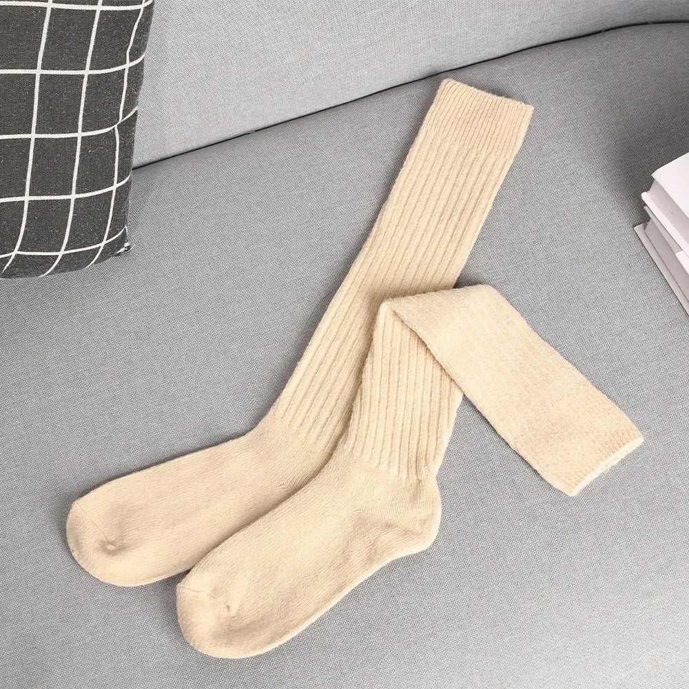 Dospita  -  Soft Wool Long Socks Women Autumn Winter Cashmere Solid Knitted Stocking Skinny Casual Knee High Fluffy Warm Thicken Girls Socks