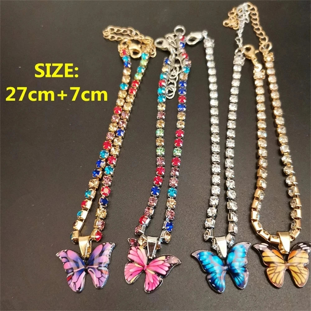 Dospita Bohemian Women Colorful Butterfly Pendant Anklets Fashion Rhinestone Tennis Foot Chain For Girls Summer Beach Accessories