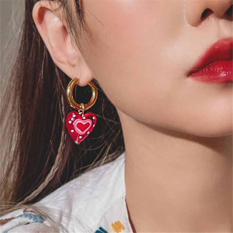 Dospita  -  New Vintage Sweet Red Glass Heart Water Droplets Asymmetrical Earrings for Women Girls Party Jewelry Accessories