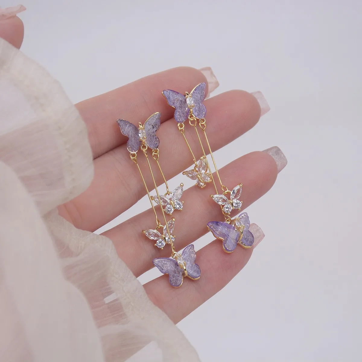 Dospita  -   Needle Purple Butterfly Long Tassel Earrings For Women Jewelry Trending Korean Fashion Luxury Crystal Earrings