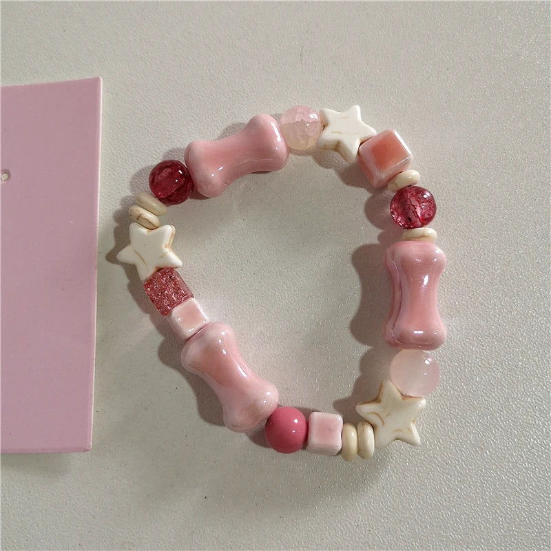 Dospita  -  Cute Y2K Harajuku Aesthetic Pink Acrylic Ceramic Star Beaded Bracelet For Girl EMO 2000s Charm Jewelry Accessories Birthday Gift