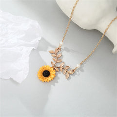 Dospita Pearl Sunflower Pendant Necklaces Fashion Jewelry Cute Leaves Plant Choker Necklaces for Women Lady Girl Charm Gift