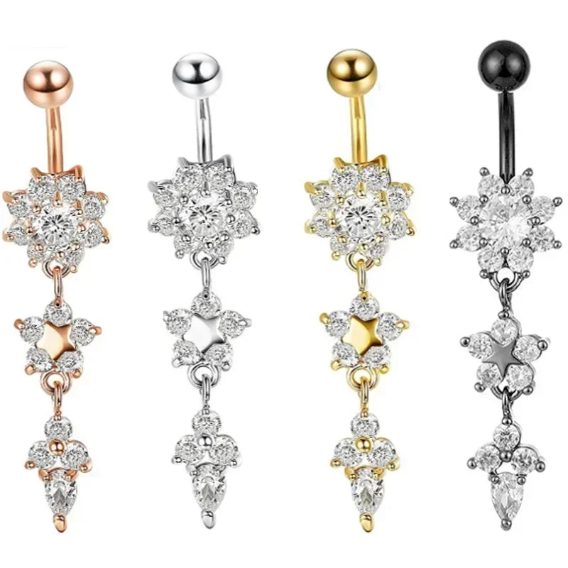 Dospita Crystal Navel Nail Ring Alloy Zircon Bar Barbell Drop Flower Dangle Body Piercing Belly Button Rings Men Women Body Jewelry