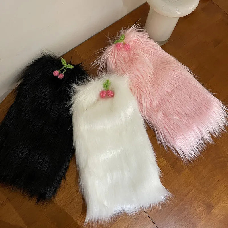 Dospita Kawaii Fur Faux Leg Warmers Cherry Lolita Japanese Women Leggings Boots Covers Y2k Girls Harajuku Fur Foot Warming New Year Gift