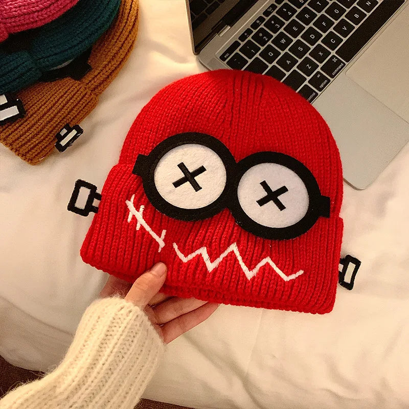 Dospita  -  Kpop Cute Cartoon Cuff Beanie Cap Women's Candy Color Big Eyes Smile Skullies Hat Fashion Streetwear Student Warm Winter Knitted