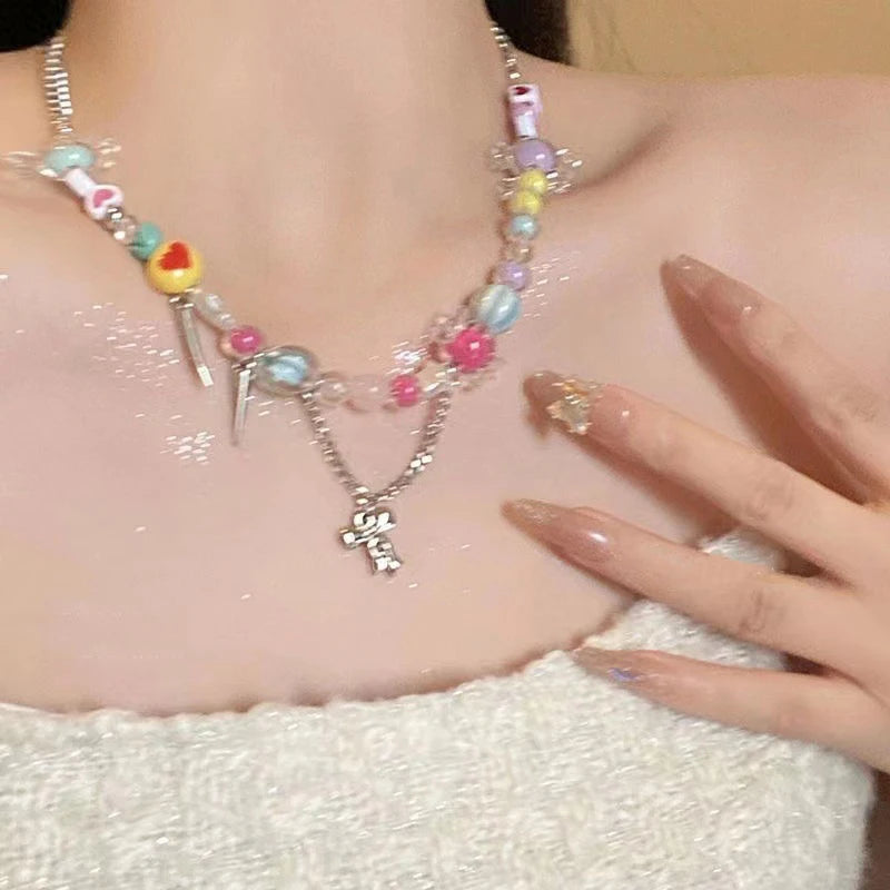 Dospita Colorful Star Y2K Love Necklace Sweet Cool Women's Pendant Beads Necklace Clavicle Chain Choker