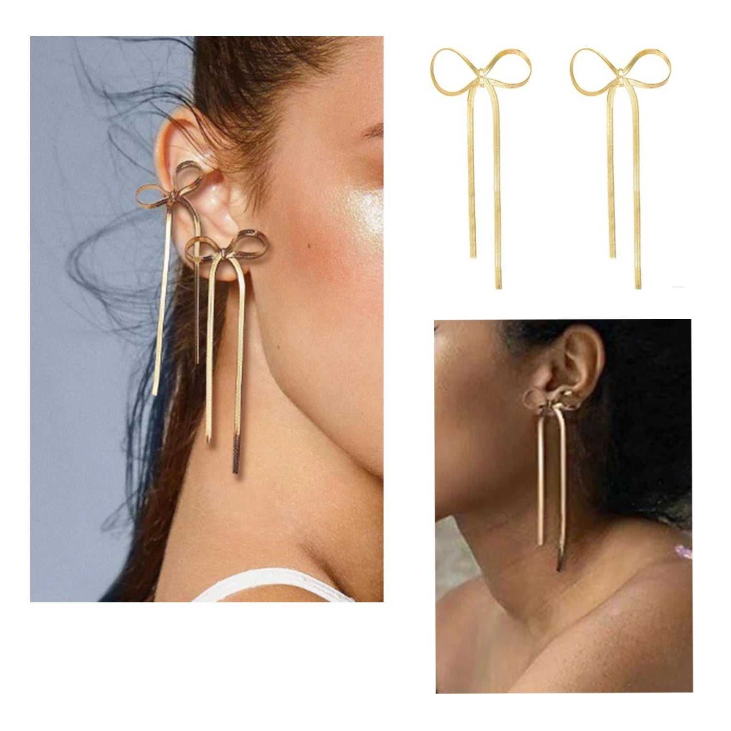 Dospita 2024 New Stainless Steel Long Tassels Bow Dangle Earrings Flat Snake Chain Bowknot Ear Stud Minimalist Hoops Lightweight Jewelry