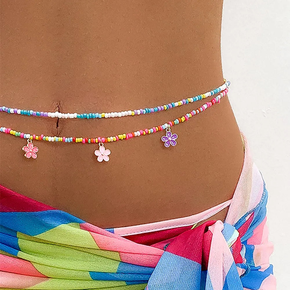 Dospita  -  2Pcs/Set Bohemian Colorful Beaded Waist Chain for Women Flower Pendant Bellt Chain Summer Beach Body Jewelry Gifts