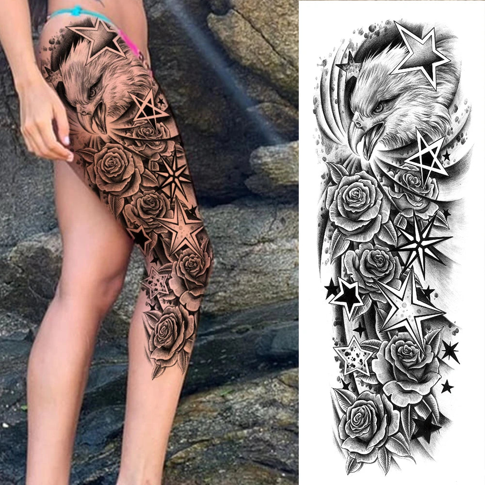 Dospita  -  Black Forest Wolf Temporary Tattoos Sleeve For Men Women Fake Soldier Compass Eye Tattoo Sticker Full Arm Washable Tatoos Sets