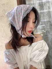 Dospita French Floral Lace Triangular Scarf Headband Korean Girls Printed Turban Lolita Silk Scarf Headband Women's Hair Accessories