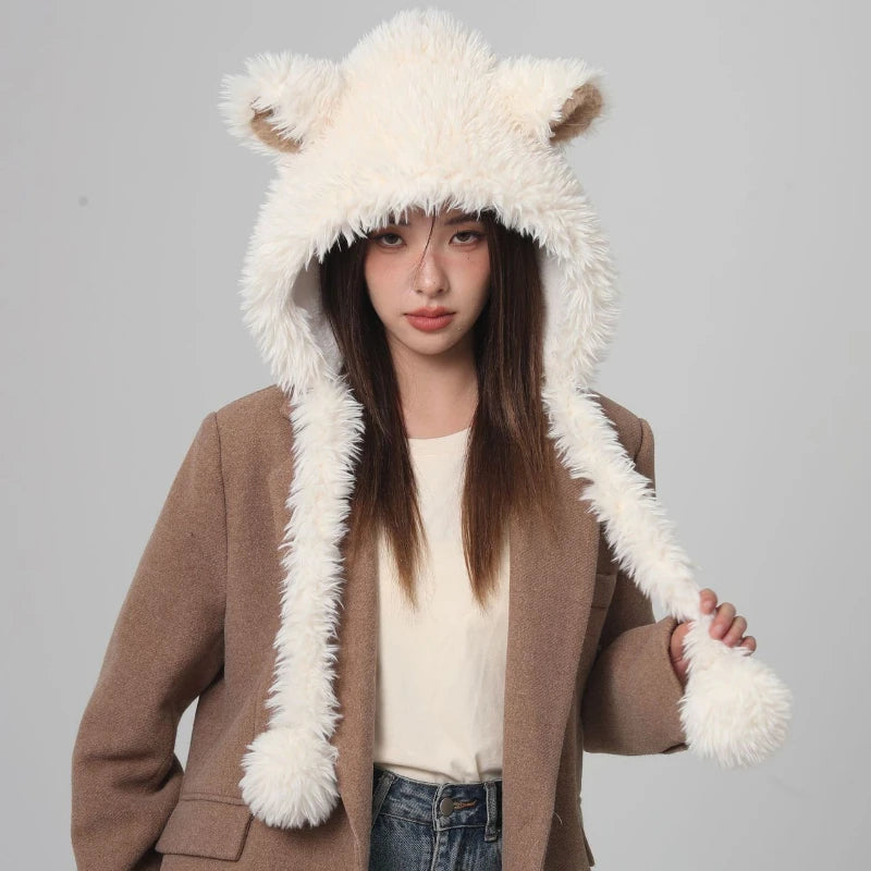 Dospita Cute Bear Ear Hats Women Winter Warm Hat Plush Ear Protection Bonnet Riding Bomber Bonnets Animal Fashion Wool Hats for Women