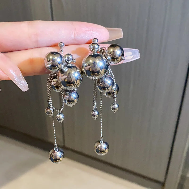 Dospita  Silver Color Metal Ball Tassel Chain Earrings Personalized Exaggerated Luxury Jewelry for Women Party Gift Jewelry New