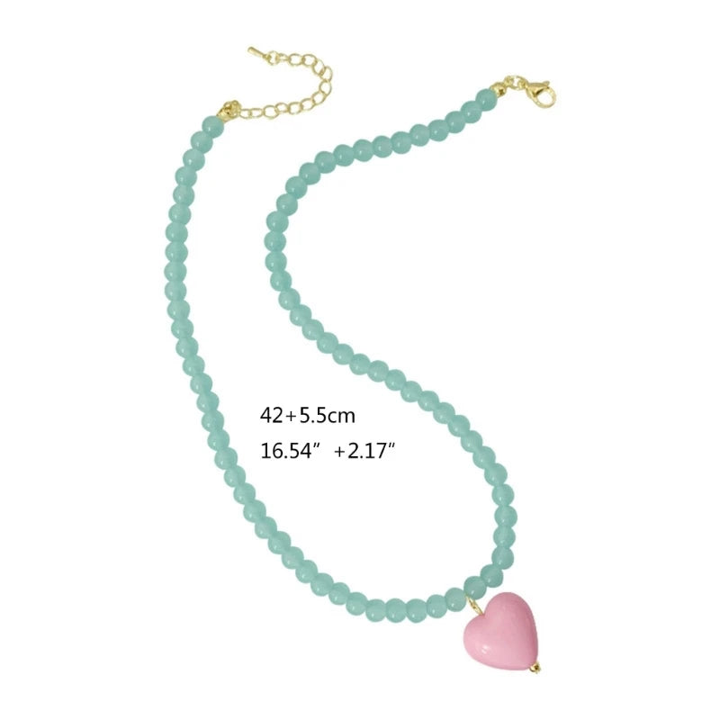 Dospita  -  Blue Beaded Neckchain Heart Necklace Love Heart Contrast Color Choker