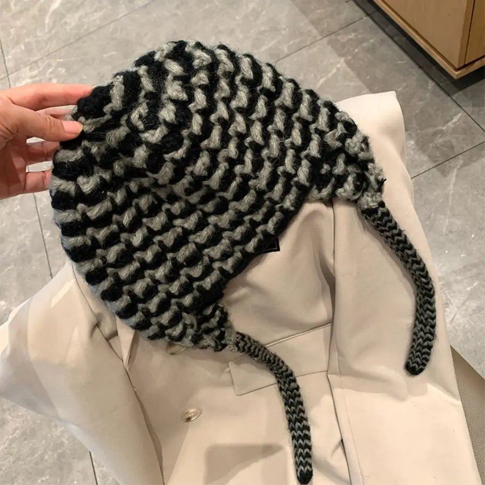 Dospita Fashion Stripe Ear Protective Hat Windproof Y2K Women Knitted Hat Strap Tie Crochet Wool Pullover Hat Outdoor