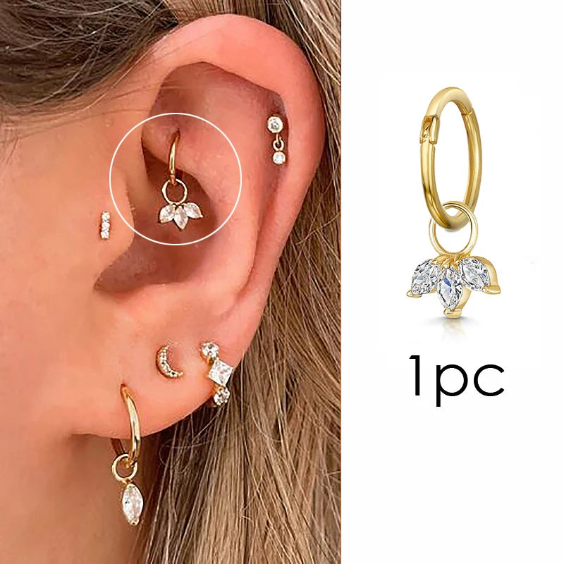 Dospita  -  1pc Crown Pendant Dangle Earrings For Teen Girl Kpop Style Gold Color Stainless Steel Hoops Ear Cartilage Rook Piercing Jewelry