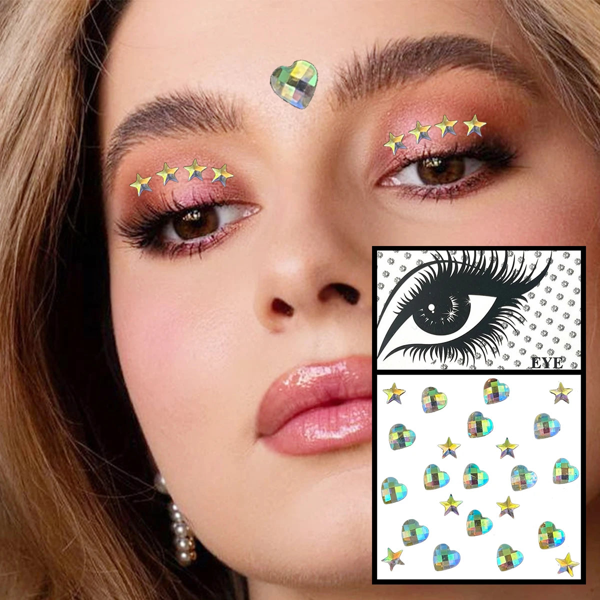 Dospita  -  Red Heart Face Jewelry Temporary Tattoos Eye Forehead Diamonds Jewels Makeup Sticker Sparkle Water Drop Gems Nail Art Festival