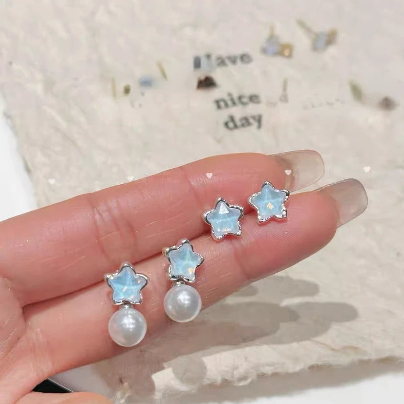 Dospita Sweet Blue Crystal Pentagram Stud Earrings for Women Girl Zircon Pearl Dangle Earring Set Fashion Ear Jewelry Gift Accessories