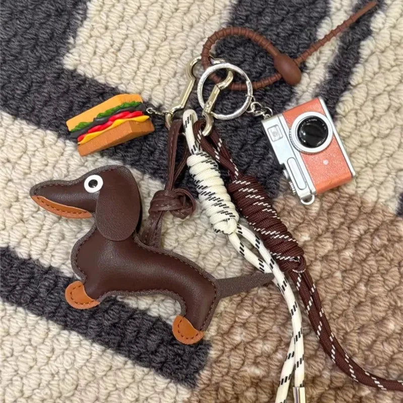 Dospita 1PC Cute PU Leather Puppy Dog Keychain Pendant Lovely Dachshund Women Bag Charm Phone Pendant Trinket Car Key Ring Party Gift