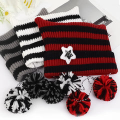 Dospita Y2K Beanie Hat Ins Little Devil Striped Knitted Wool Cap Autumn and Winter Cute Cat Ears Pentagram Pullover Women's Hat Cap