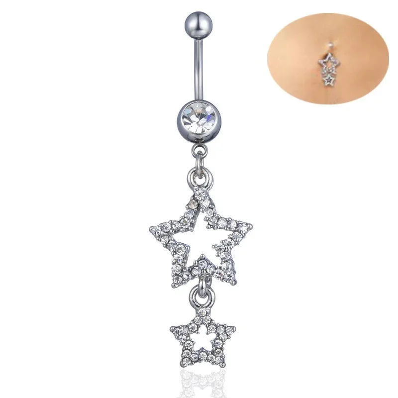 Dospita New Star Belly Button Rings Long Dangled Bar Belly Navel Piercing Ring Shinny Crystal Charming Oreja Body Jewelry Accessories