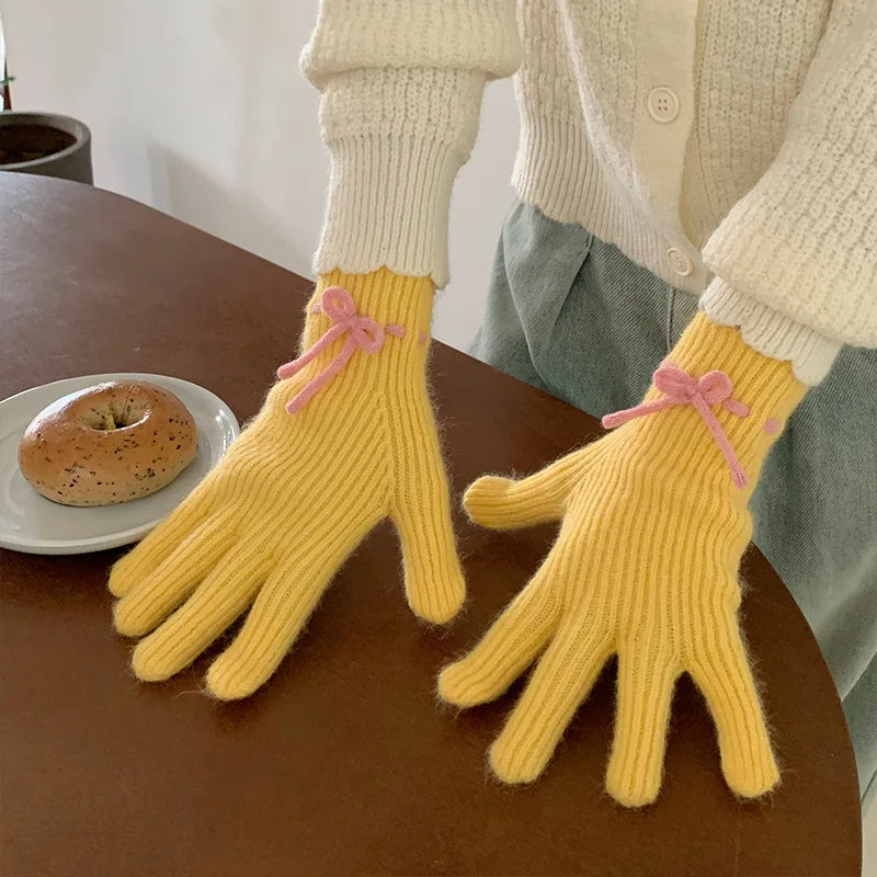 Dospita Korea Knitted Bow Gloves Lolita Winter Warm Fullfinger Touch Screen Gloves Kawaii Japanese Jk Y2k Mittens Cycling Accessories