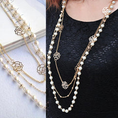 Dospita Korean Version New Sweater Chain Long Pearl Tassel Five-leaf Flower Necklace Fashion Accessories