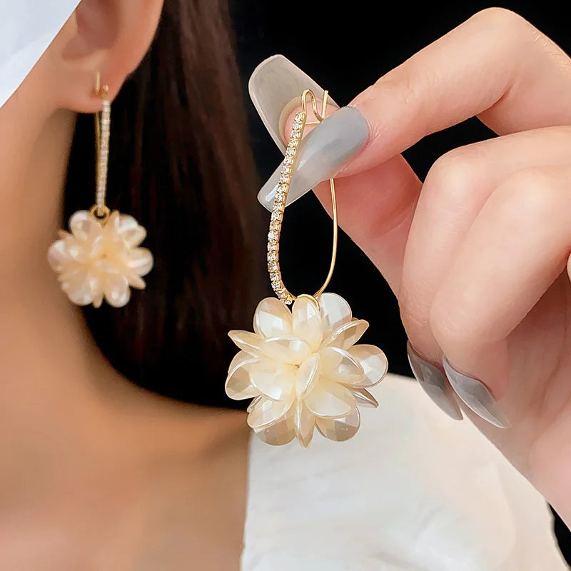 Dospita  -  Summer Long Flower Earrings Hand-made Pearl Beaded Korean Fashion Shiny Earrings Sweet Jewelry Gifts Wholesale