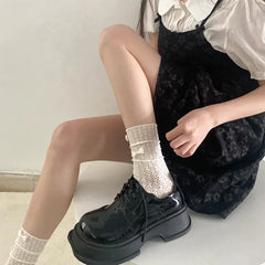 Dospita Lolita Girls Summer Long Socks Japanese Hollow Out Mesh Breathable Lace Ruffle Socks JK Kawaii Sweet Bowknot Cute Socks Women