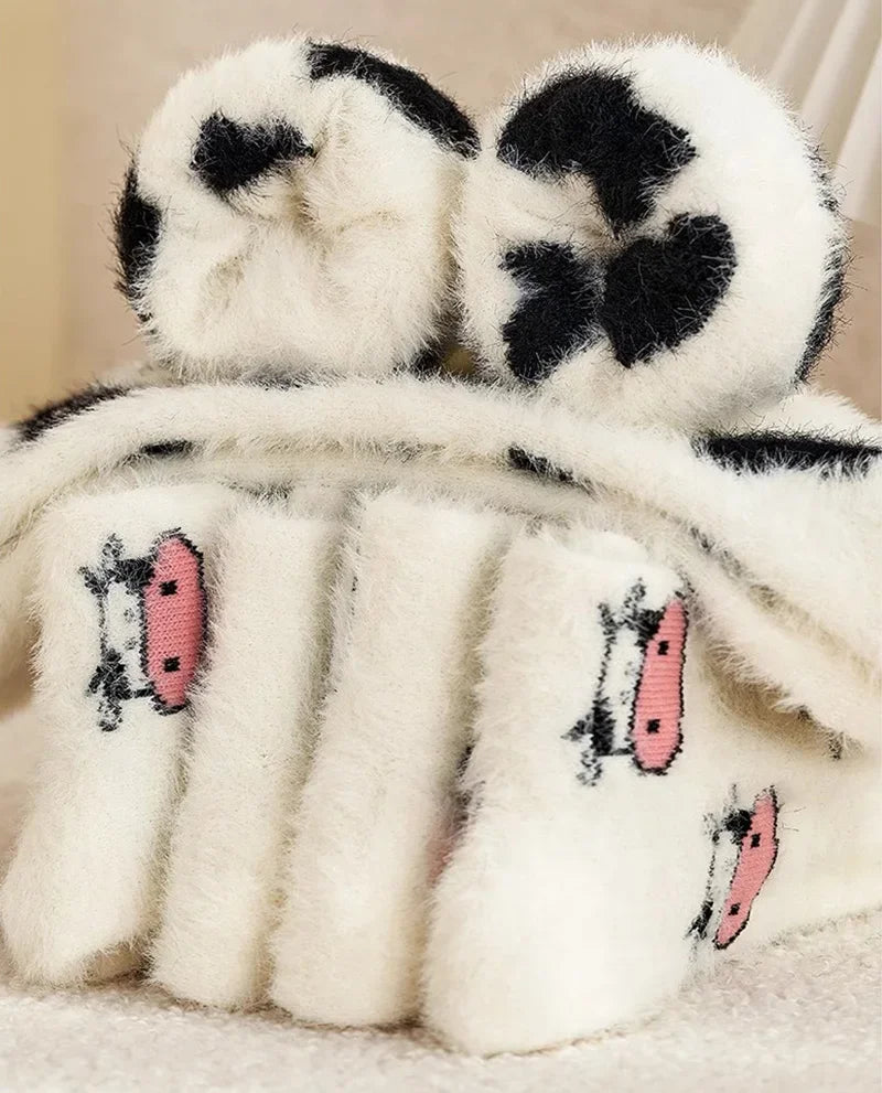 Dospita  -  Cartoon Cute Cow Mink Velvet Socks Women Winter Soft Fleece Plush Warm Home Sleep Boot Socks Kawaii Y2K Furry Thermal Tube Sox