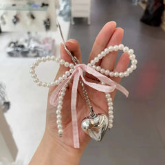 Dospita  -  Y2K Lattice Ribbon Bowknot Pearls Bag Pendant Charm Heart Keychain Elegant Beaded Keyring Sweet Key Chain Phone Key Bag Hangings