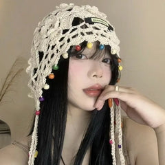 Dospita Crochet Flower Hollow Tassels Knitted Hat Hollow Out Bohemian Style Knit Cap Weave Thin Ethnic Style Hat Apparel Accessories