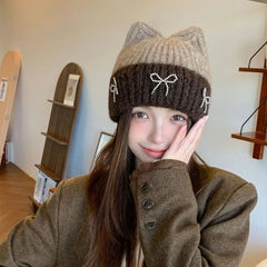 Dospita Retro Contrast Color Cat Ear Knitted Hat Warm Cap Bow Crochet Basin Cap Jennie Style Korean Knit Beanie Warm