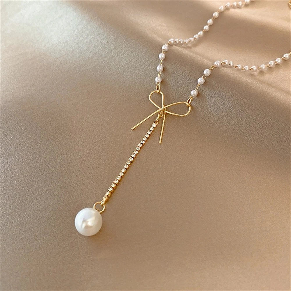 Dospita Natural Freshwater Pearl Rhinestone Bow Necklace For Women Pendant Choker Necklace Neck Chain Charm Accessories Jewelry